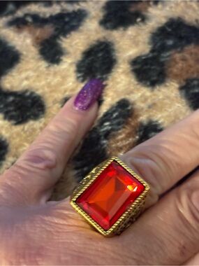 Ring-Large Size 9.5 Agate Orange like Stone Ring, Gold tone Ottoman Square Ring